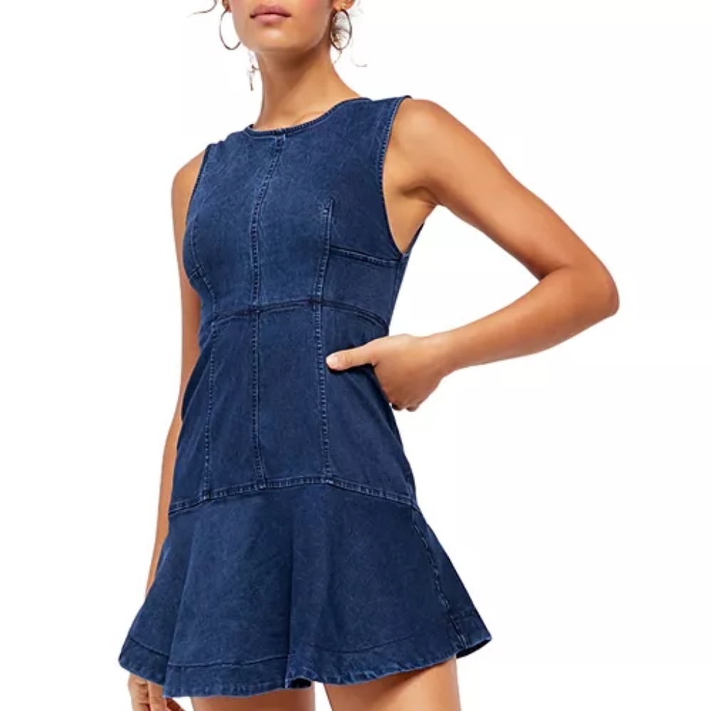Free People Alex Dark Blue Stretch Denim Chambray Dress